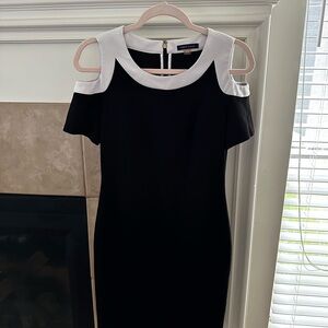 Office Black and White Cold Shoulder Dress